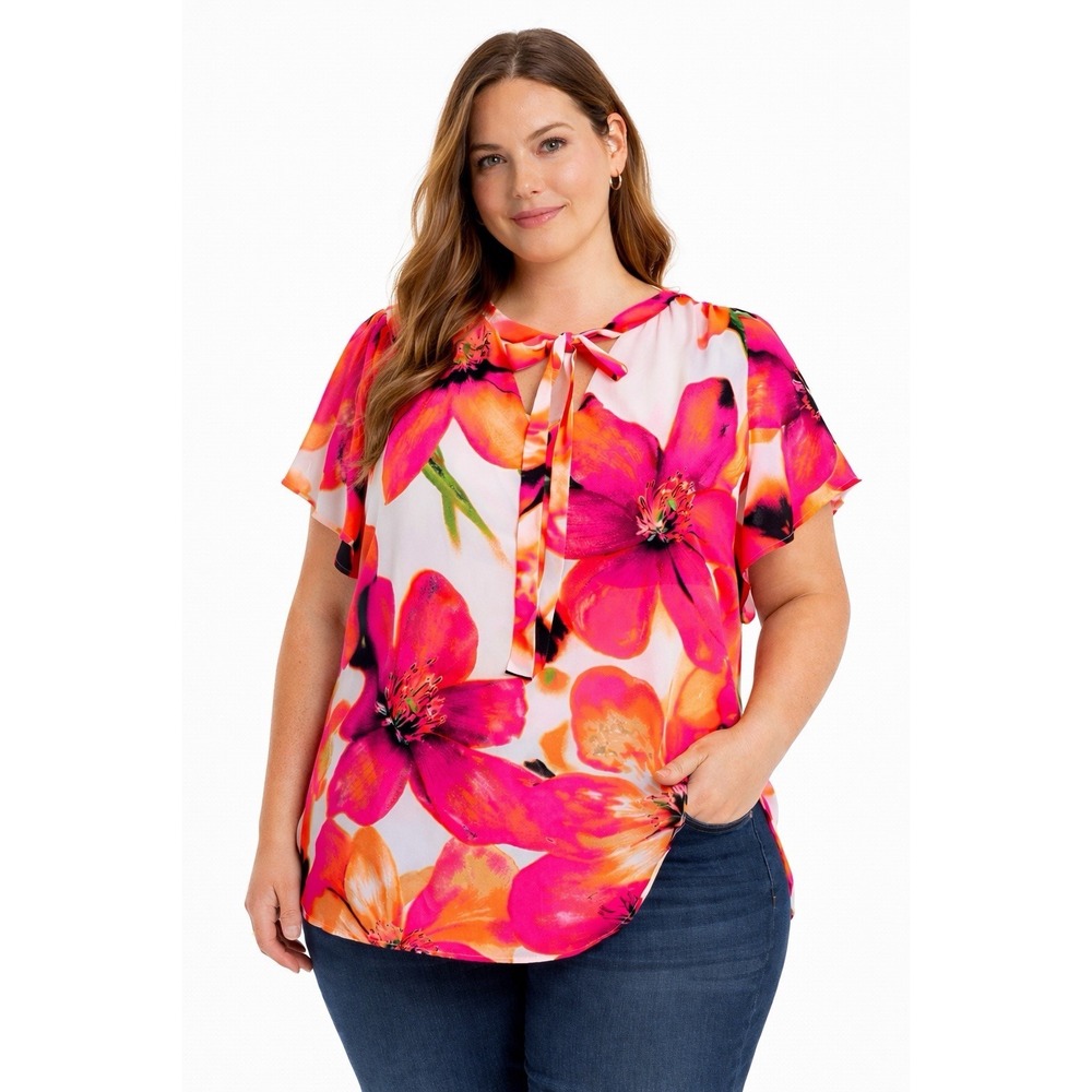 Worthington Women's Blouse XL Floral Tie Neck Short Sleeve Pink Orange Summer